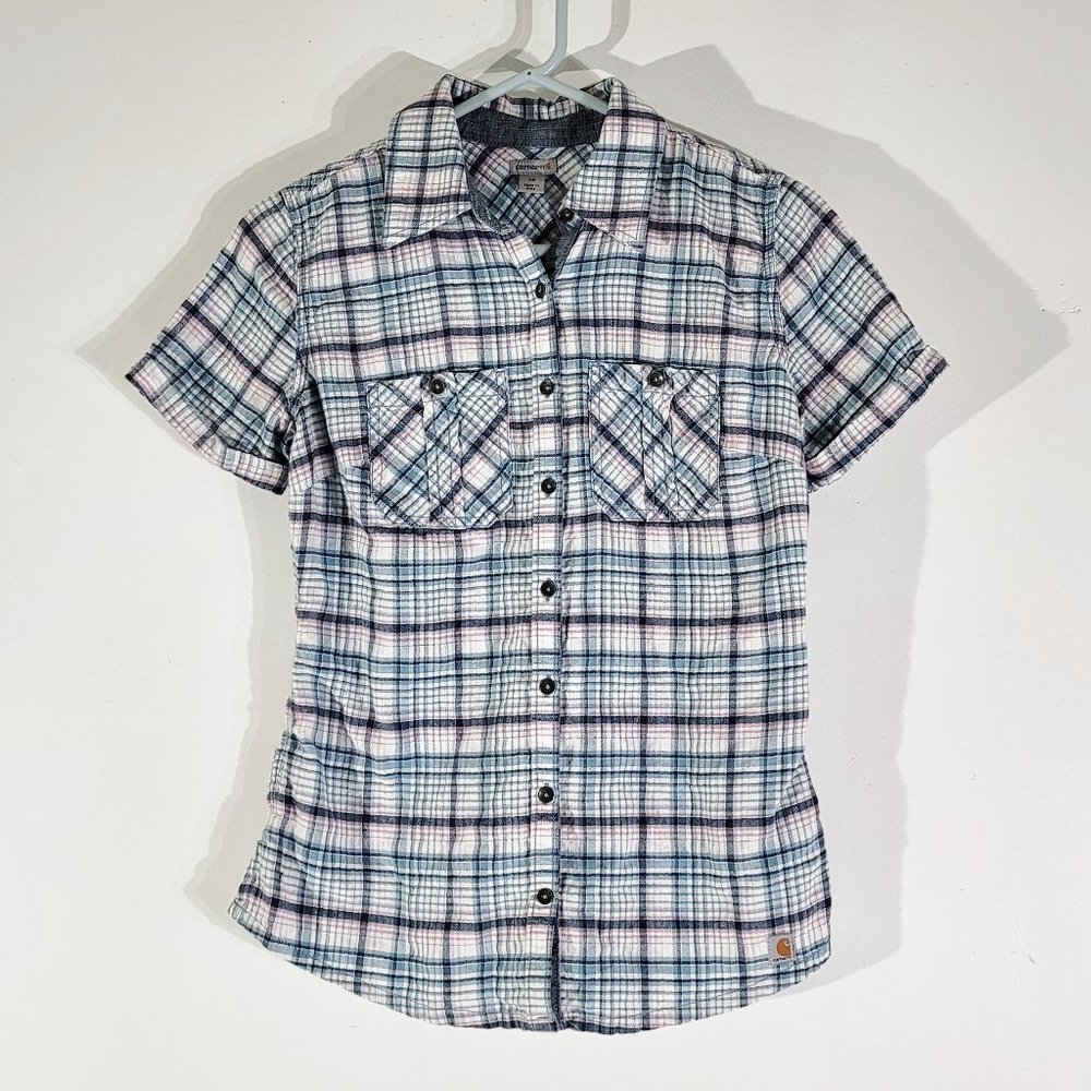 CARHARTT Women's XS White Blue Pink Cotton Spandex Button Up Casual Shirt Ladies